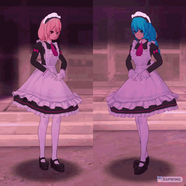 two maids are standing next to each other in a video game with kapwing written on the bottom