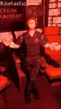 a video game character is standing in front of a crash aminent sign