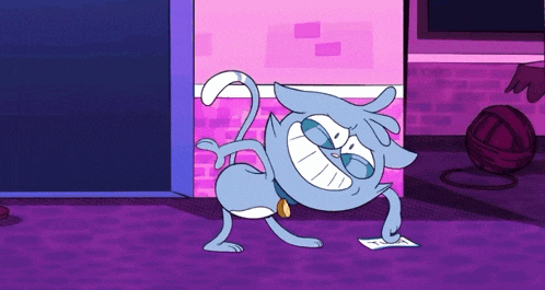 a cartoon cat with a bell around its neck is standing on a purple floor
