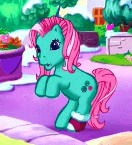 a pony with pink hair and a cherry on its butt