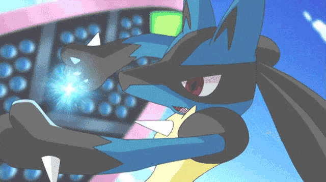 a cartoon drawing of a blue and black pokemon with red eyes