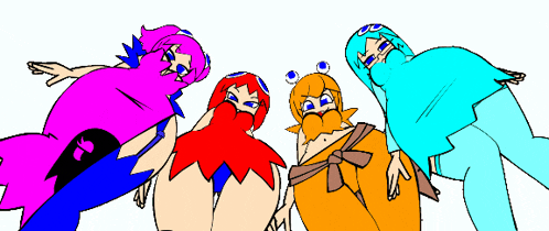 a group of cartoon characters are standing next to each other and one of them has a red hair