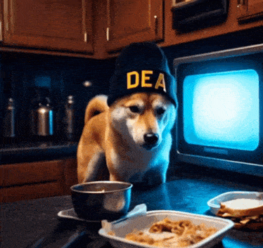 a dog wearing a hat that says dea stands in front of a microwave