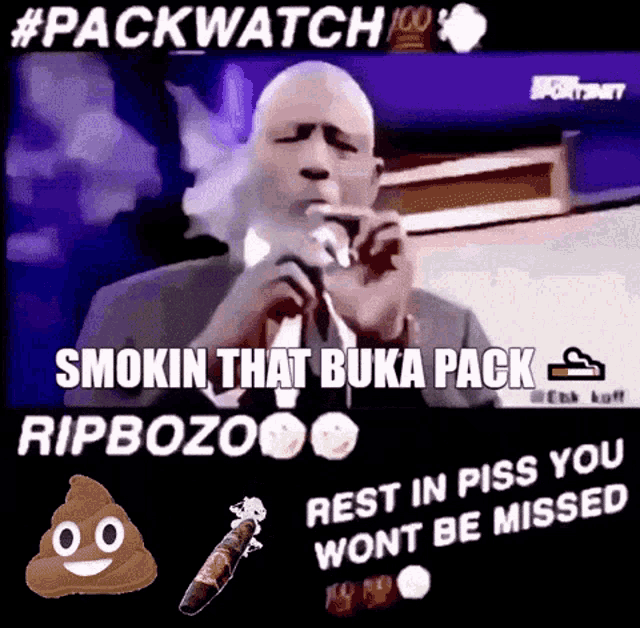 a picture of a man smoking a cigarette with the caption " smokin that buka pack "
