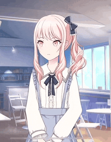 a girl with pink hair and a black bow on her head is standing in a room with tables and chairs .
