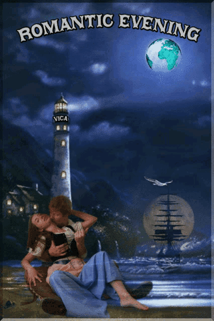 a poster that says romantic evening with a lighthouse