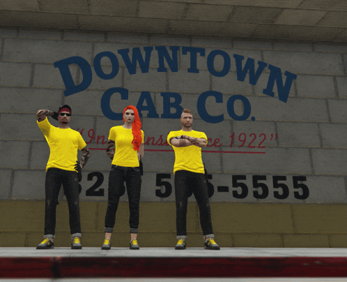 three people are standing in front of a sign that says downtown cab co.