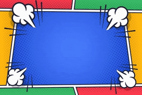 a colorful comic book background with speech bubbles and a blue rectangle in the middle .