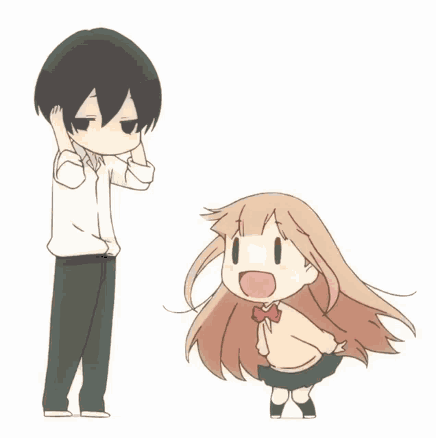 a boy and a girl are standing next to each other and the girl is smiling