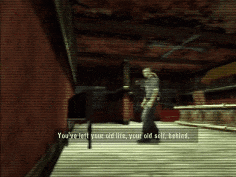 a screenshot of a video game with the words " you 've left your old life your old self behind " at the bottom