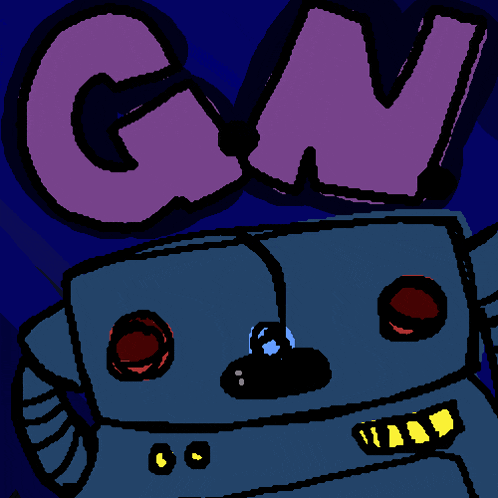 a cartoon drawing of a robot with the word gm behind it