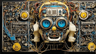a bunch of wires are connected to a device that looks like a robot face