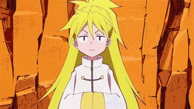 a cartoon character with yellow hair is standing in front of some rocks