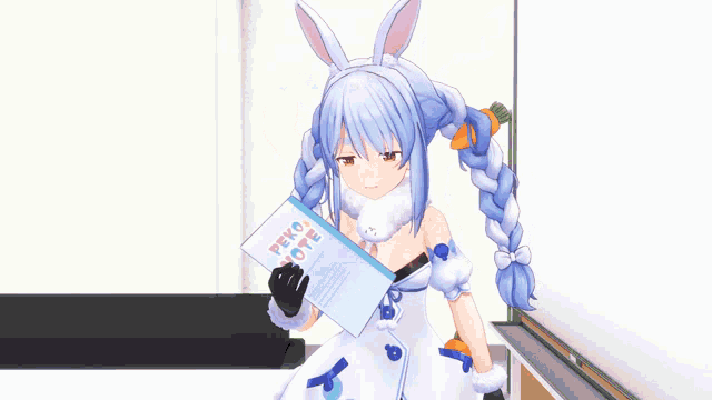 a 3d anime girl is holding a book titled pero ote