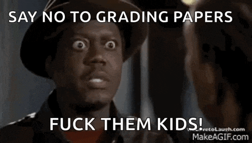 a man in a hat is saying no to grading papers .