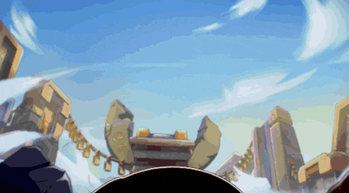 a cartoon drawing of a city with a blue sky