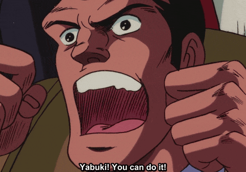 a man with his mouth open and the words yabuki you can do it above him