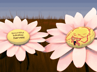 two pink daisies with a yellow center that says bountiful lukalop harvest on it