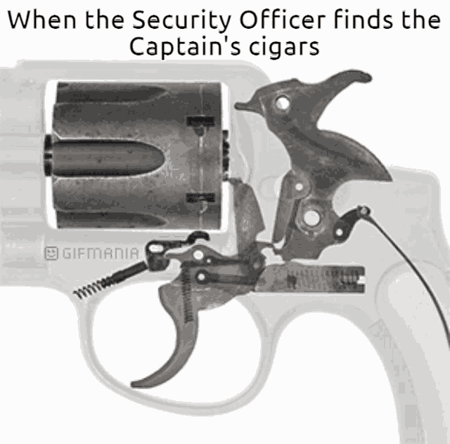 an x-ray of a gun with the caption when the security officer finds the captain 's cigars