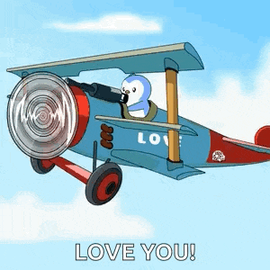 a cartoon penguin is flying a plane with the words love you written below it