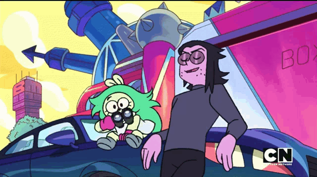 a couple of cartoon characters standing in front of a box