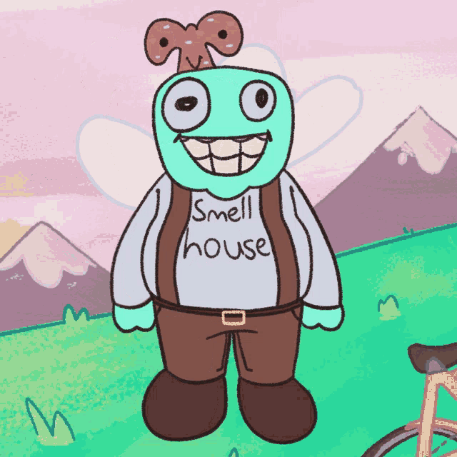 a cartoon character has a shirt that says smell house
