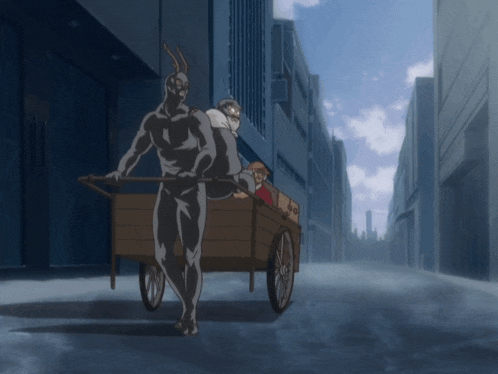 a cartoon drawing of a man pulling a cart with a child in it