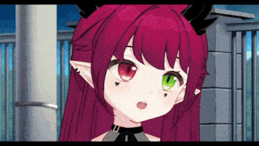 a girl with red hair and green eyes is standing in front of a fence