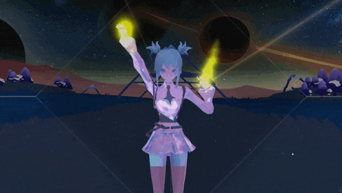 a girl in a purple dress is standing in front of a planet with a yellow light behind her