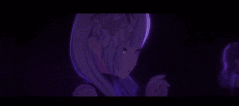a girl with purple hair and blue eyes is standing in a dark room .