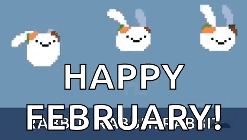 a happy february greeting card with a bunny in a bowl