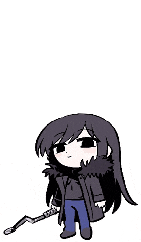 a cartoon of a girl with long black hair holding a sword