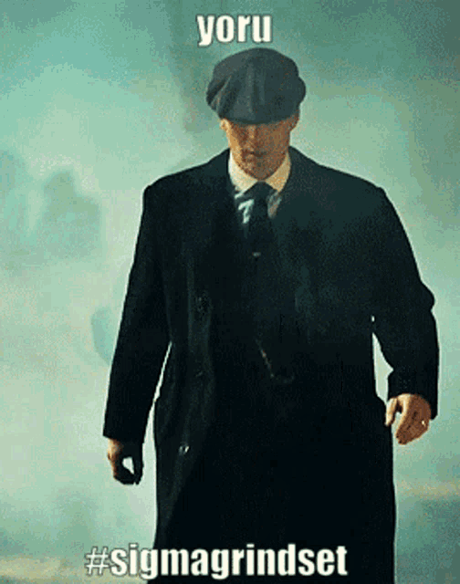 a man in a suit and hat is walking down a street with a caption that says yoru #sigmagrindset