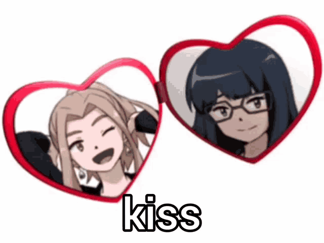 a pair of heart shaped sunglasses with two anime girls inside of them and the word kiss below them