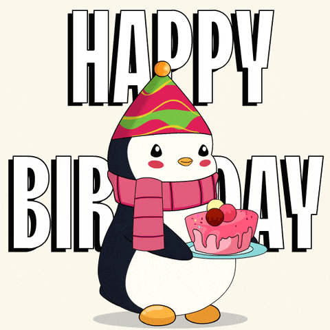 a penguin wearing a party hat and scarf is holding a cake with the words happy birthday behind it