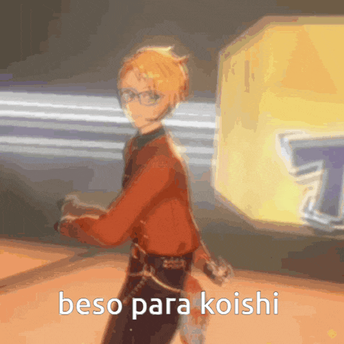 a man in a red shirt and black pants is dancing in front of a yellow sign that says beso para koishi .