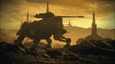 a painting of a robot with a cannon on its back
