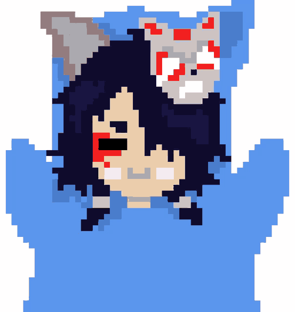 a pixel art drawing of a person with a cat mask on their head