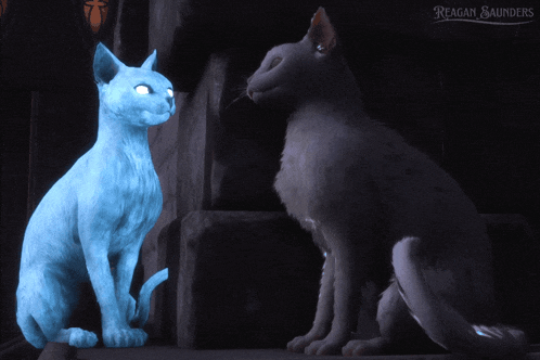 a blue cat and a gray cat are sitting next to each other with reagan & saunders written in the corner