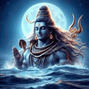 a painting of a deity standing in the ocean with a full moon in the background