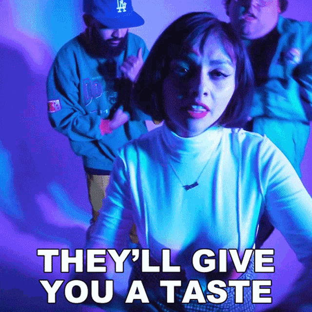 a woman in a white turtleneck with the words they 'll give you a taste above her