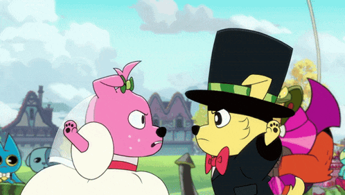 a couple of cartoon characters standing next to each other one of which is wearing a top hat