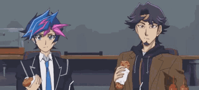 two anime characters are sitting next to each other eating hamburgers and drinking soda .