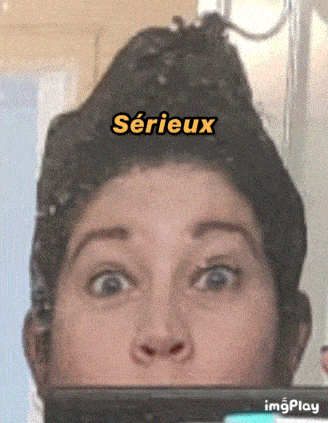 a close up of a woman 's face with sérieux written in yellow
