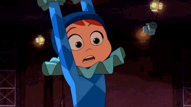 a cartoon character is wearing a blue costume and holding a stick