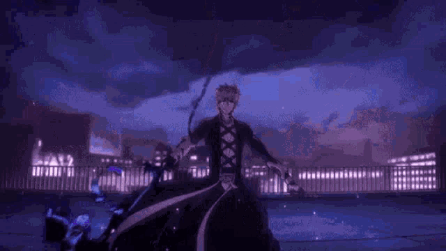 a man in a black dress is holding a purple sword in his hand .
