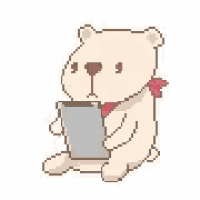 a pixel art teddy bear is holding a tablet .