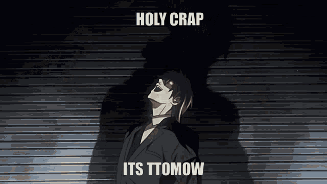 a cartoon of a man with the words holy crap its ttomow behind him