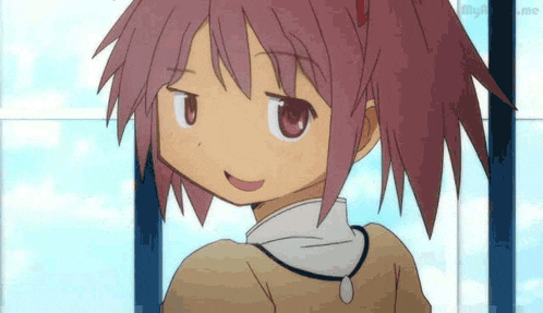 a close up of a cartoon girl with pink hair and a white shirt .