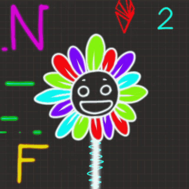 a drawing of a colorful flower with a smiling face on it